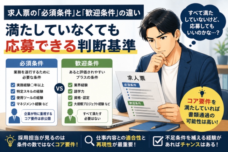 求人票の必須条件と歓迎条件を検討する青年のイラスト