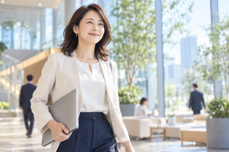 明るいオフィスを歩く女性のイメージ