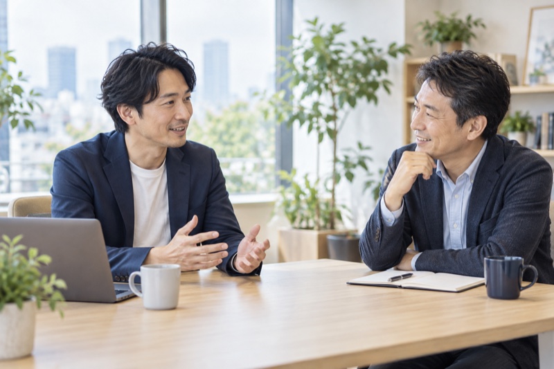 技術の経験について話し合う男性二人のイメージ