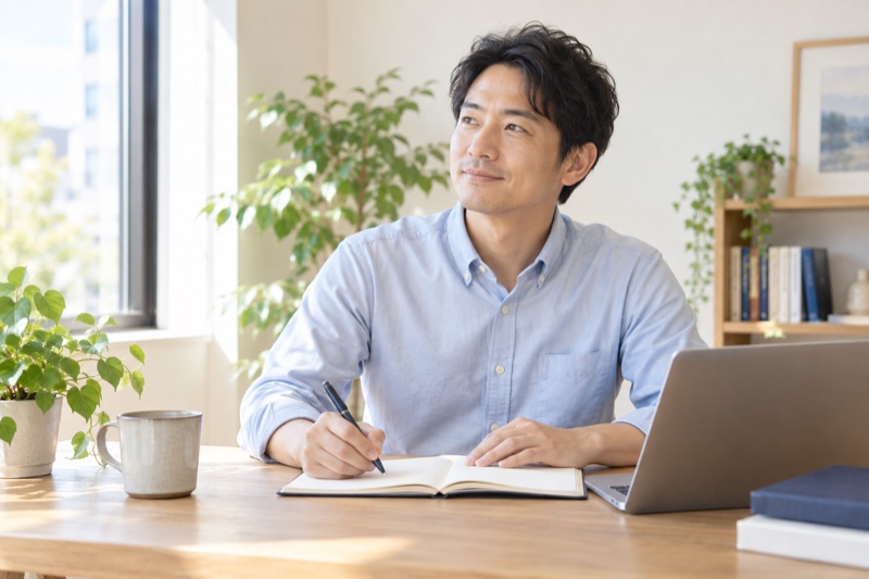 仕事の希望をノートに整理する男性のイメージ