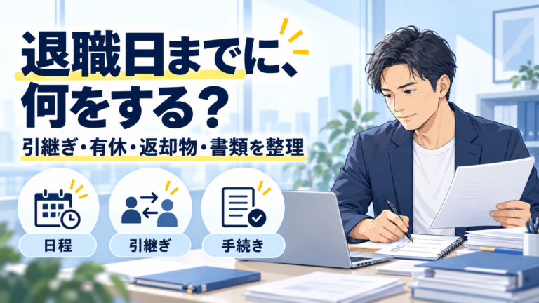 退職日までの引継ぎ・有休・返却物・書類をチェックする男性のイラスト
