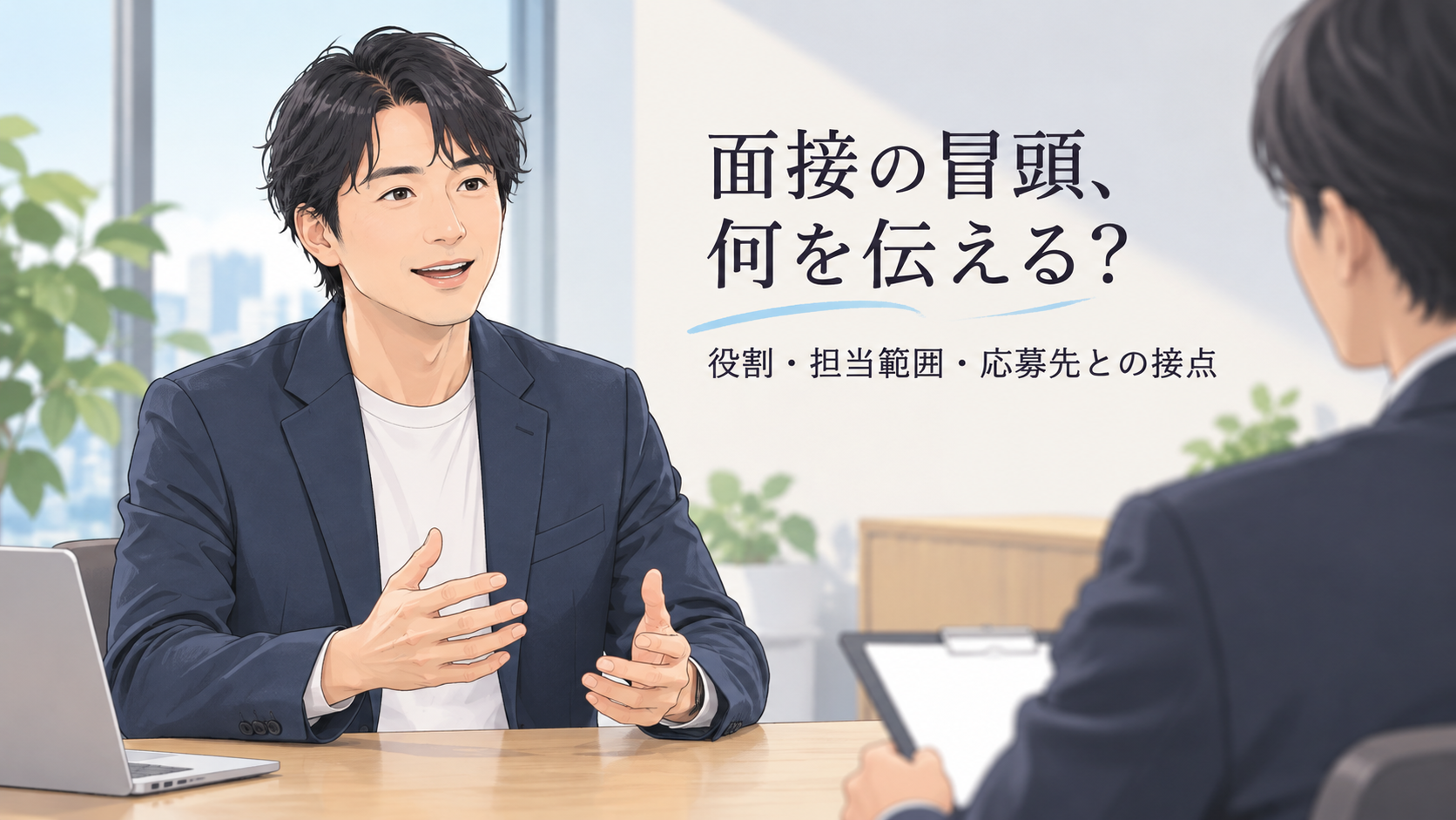 転職面接で役割・担当範囲・応募先との接点を伝える男性のイラスト